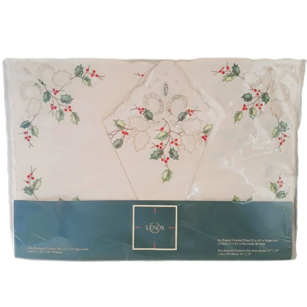 3-New Lenox Holiday Floral Embroidered Metallic Cotton Placemat & Napkin Sets